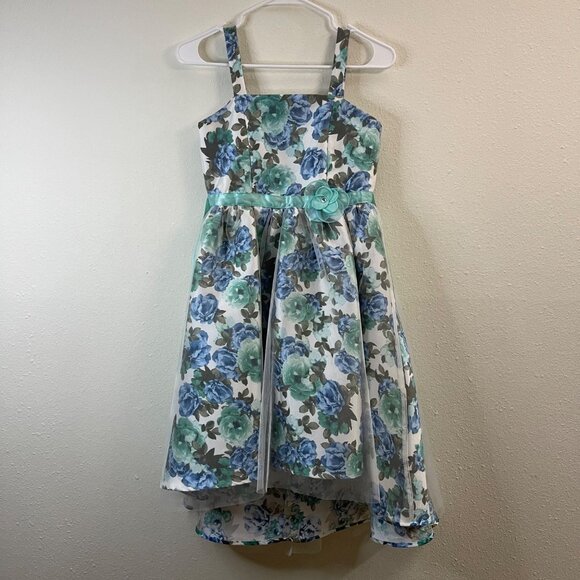 Girls Floral Sleeveless High-Low Dress With Tulle Overlay & Flower Accent 14 - Picture 2 of 14